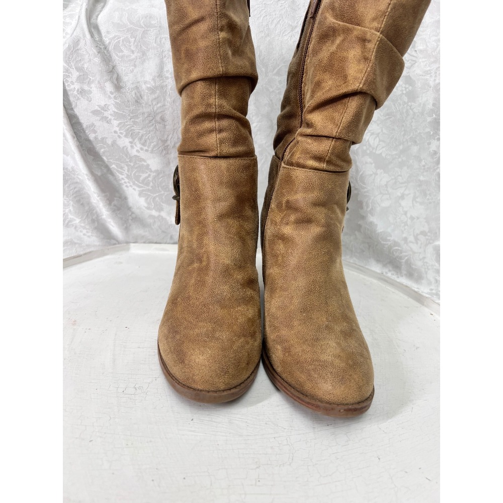 Baretraps Cheyenne Tan Brown Slouch Mid Calf Buckle Boots 7M BTF22-10887-022-163